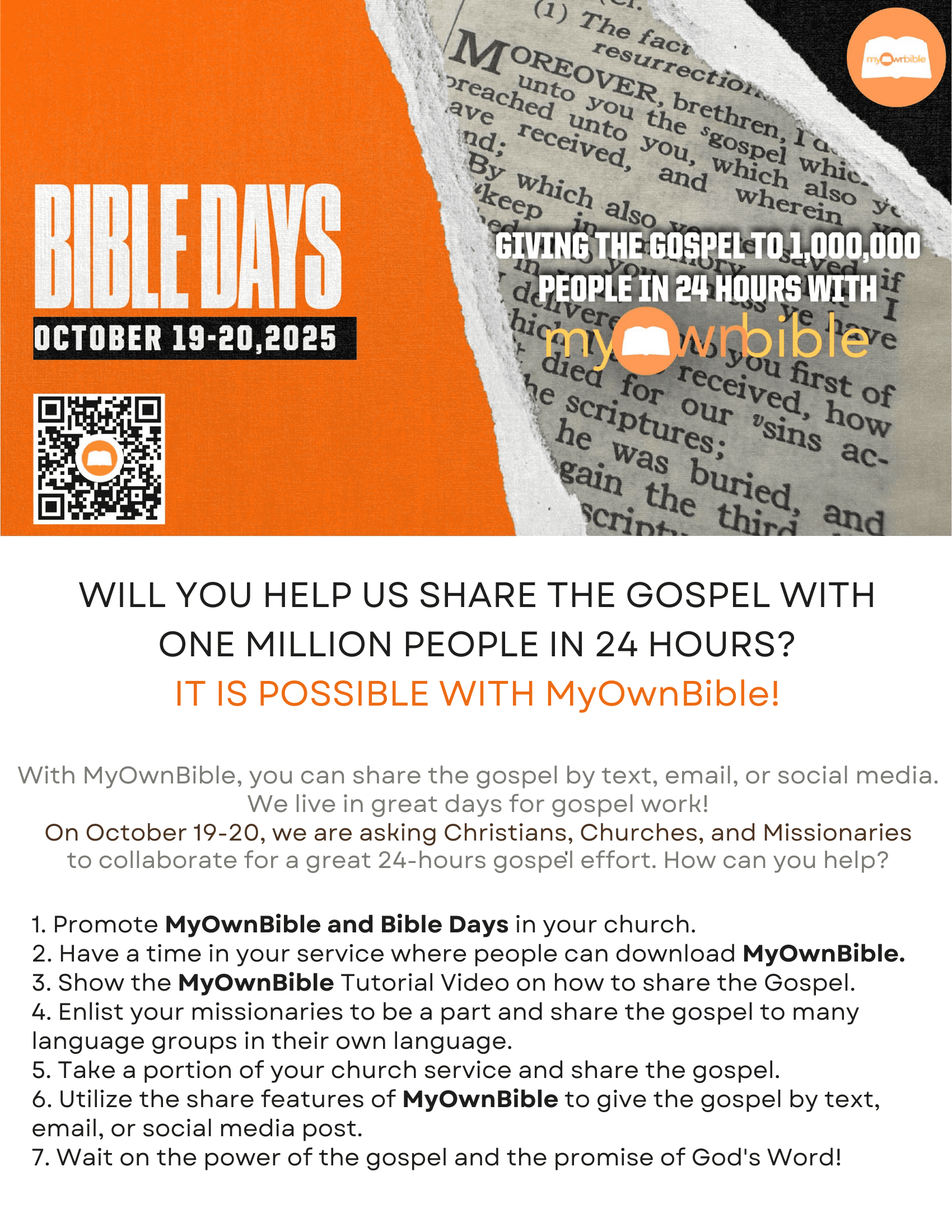 WILL YOU HELP US SHARE THE GOSPEL WITH ONE MILLION PEOPLE IN 24 HOURS IT IS POSSIBLE WITH MyOwnBible! WILL YOU HELP US SHARE THE GOSPEL WITH ONE MILLION PEOPLE IN 24 HOURS IT IS POSSIBLE WITH MyOwnBible!
